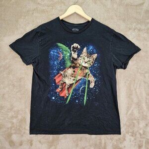 Superman Super Cat Green Laser Beam In Space T-shirt Men's Size XL Black Tee